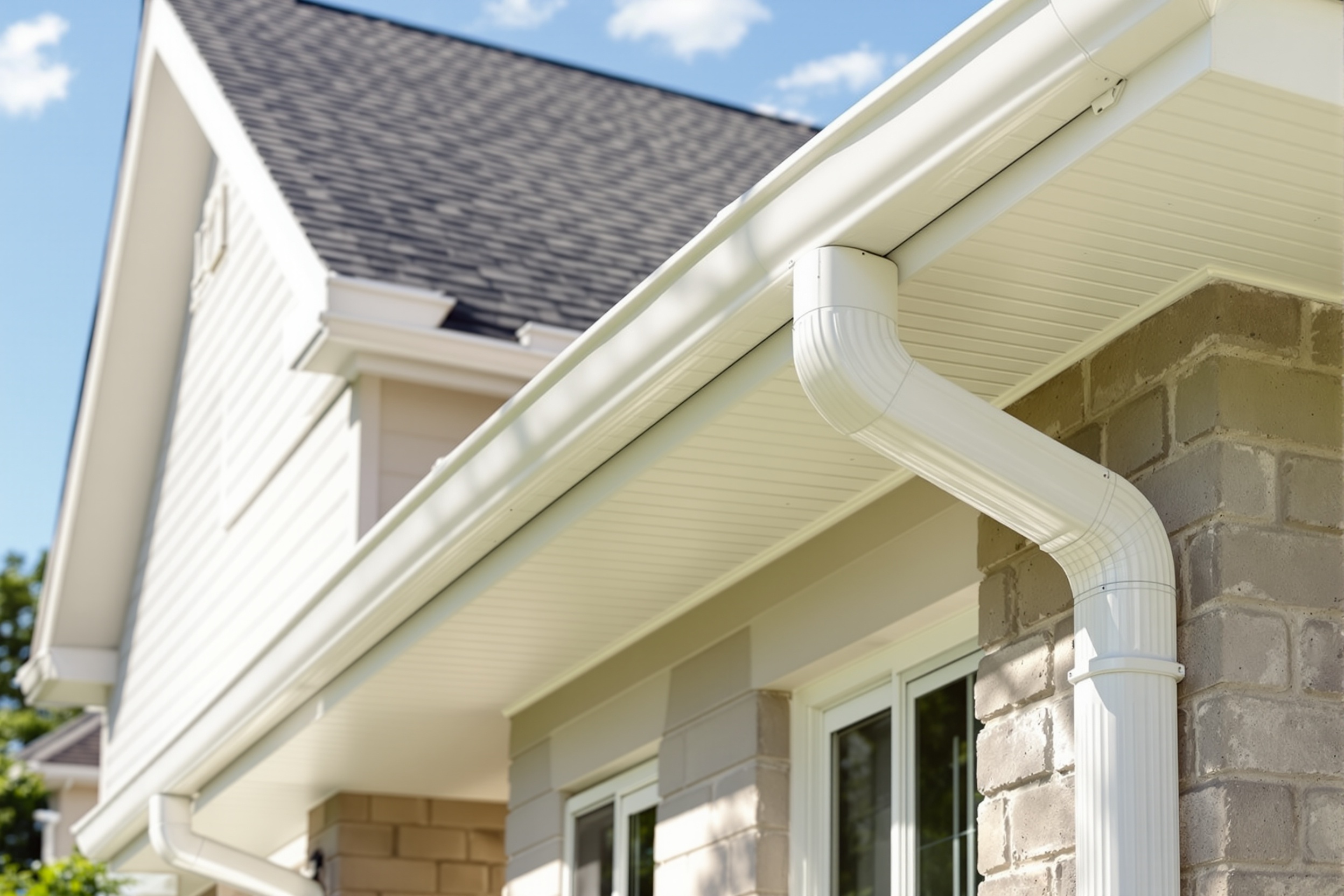 Seamless gutter installation Salem MA - professional white gutters installed on residential home