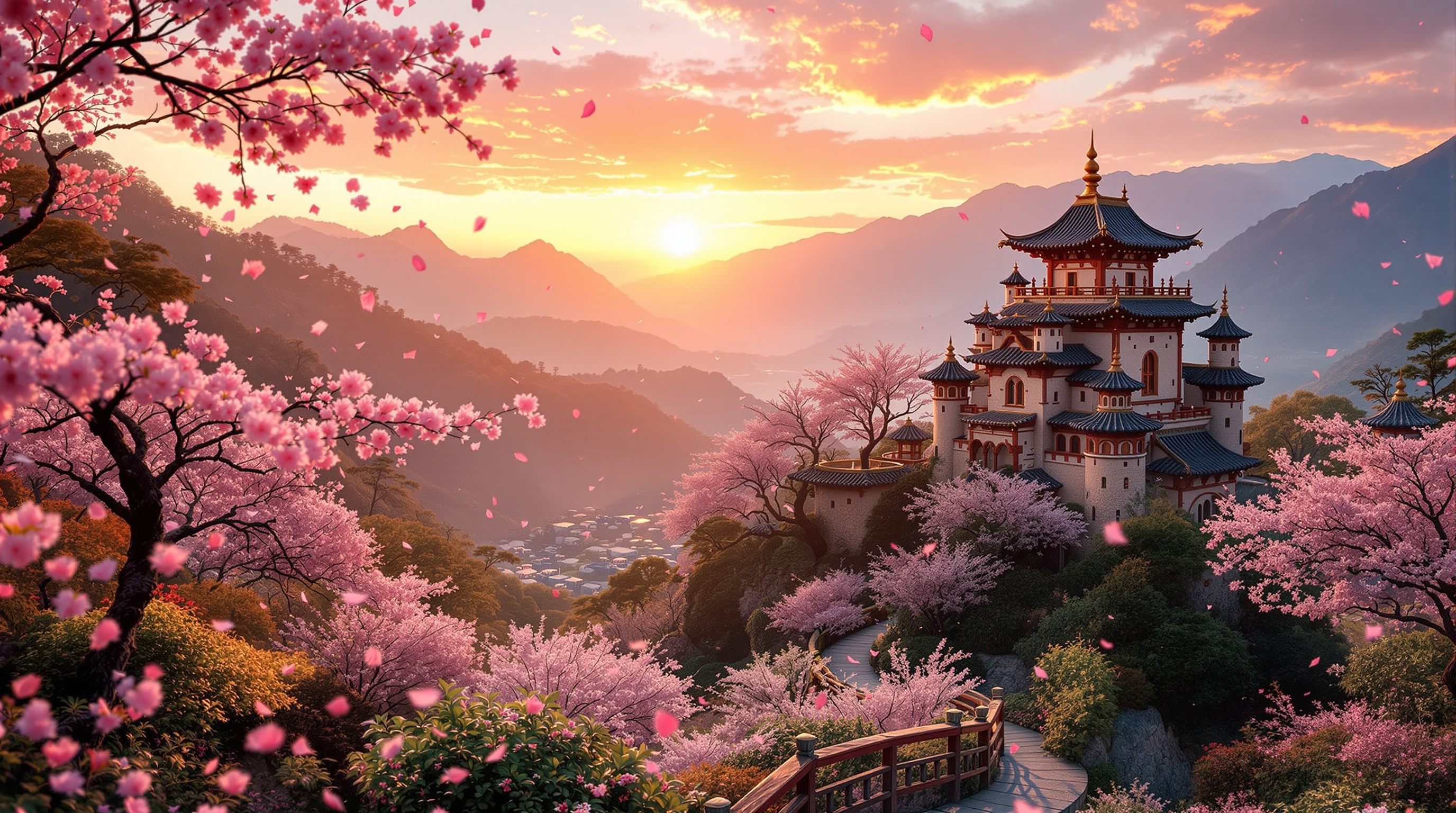 夕陽灑落的城堡花園