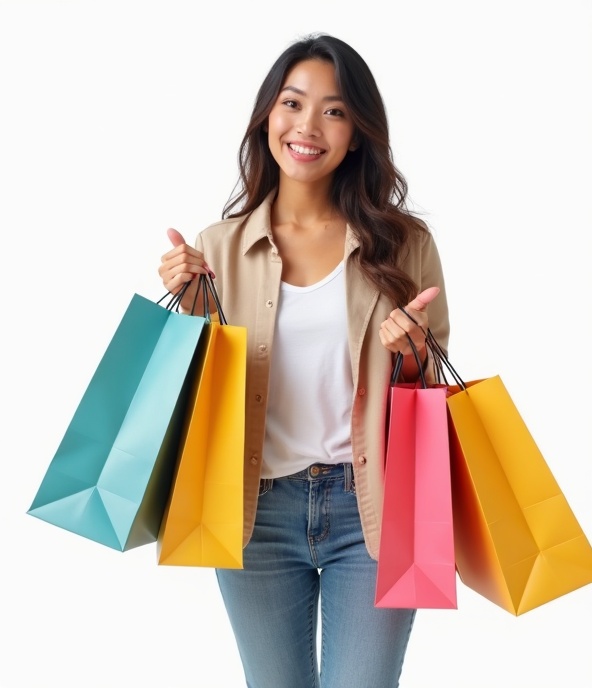 Mujer ecuatoriana emprendedora con bolsas de compras