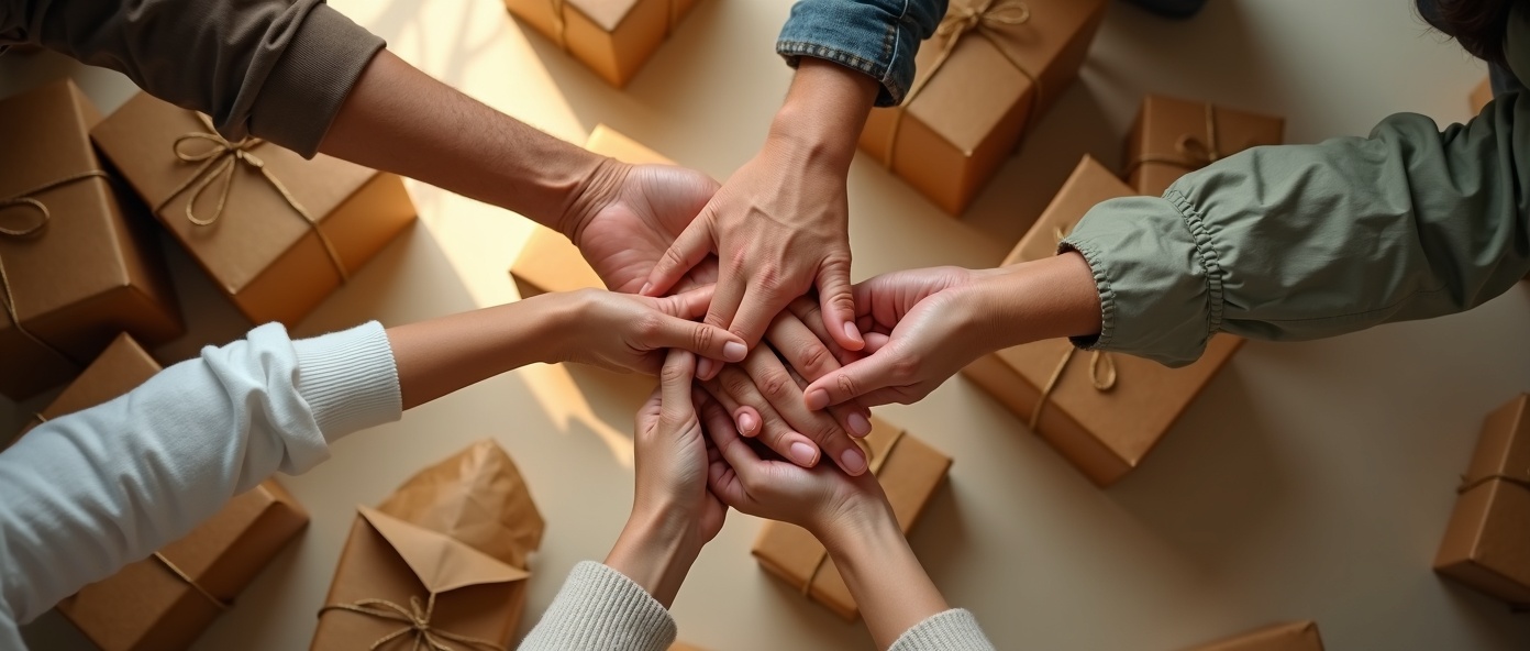 Volunteers joining hands in unity over care packages