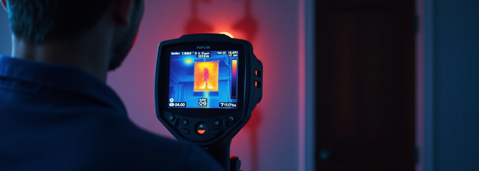 Plumber using thermal imaging camera to detect a hidden water leak