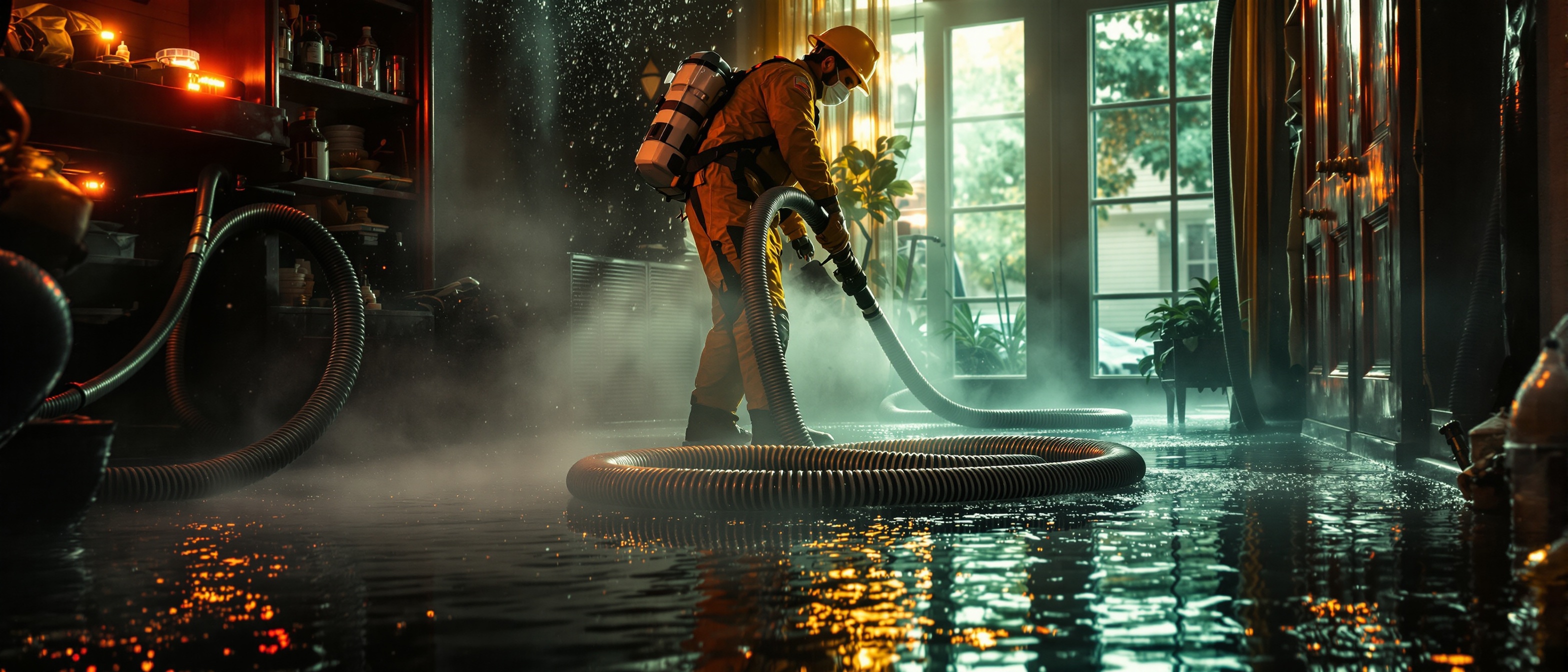 Emergency water extraction technician removing standing water from a flooded home
