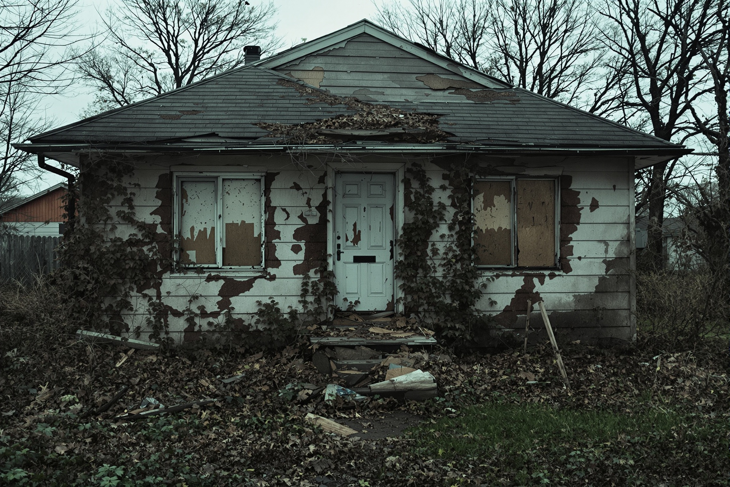 House exterior showing signs of neglect from animal hoarding situation