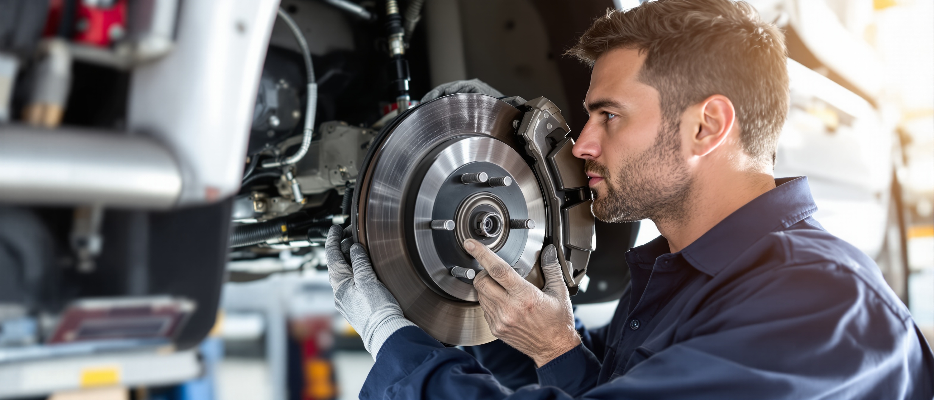 Professional mobile mechanic inspecting and servicing brake system on commercial fleet vehicle with brake pads and rotors in Dallas-Fort Worth