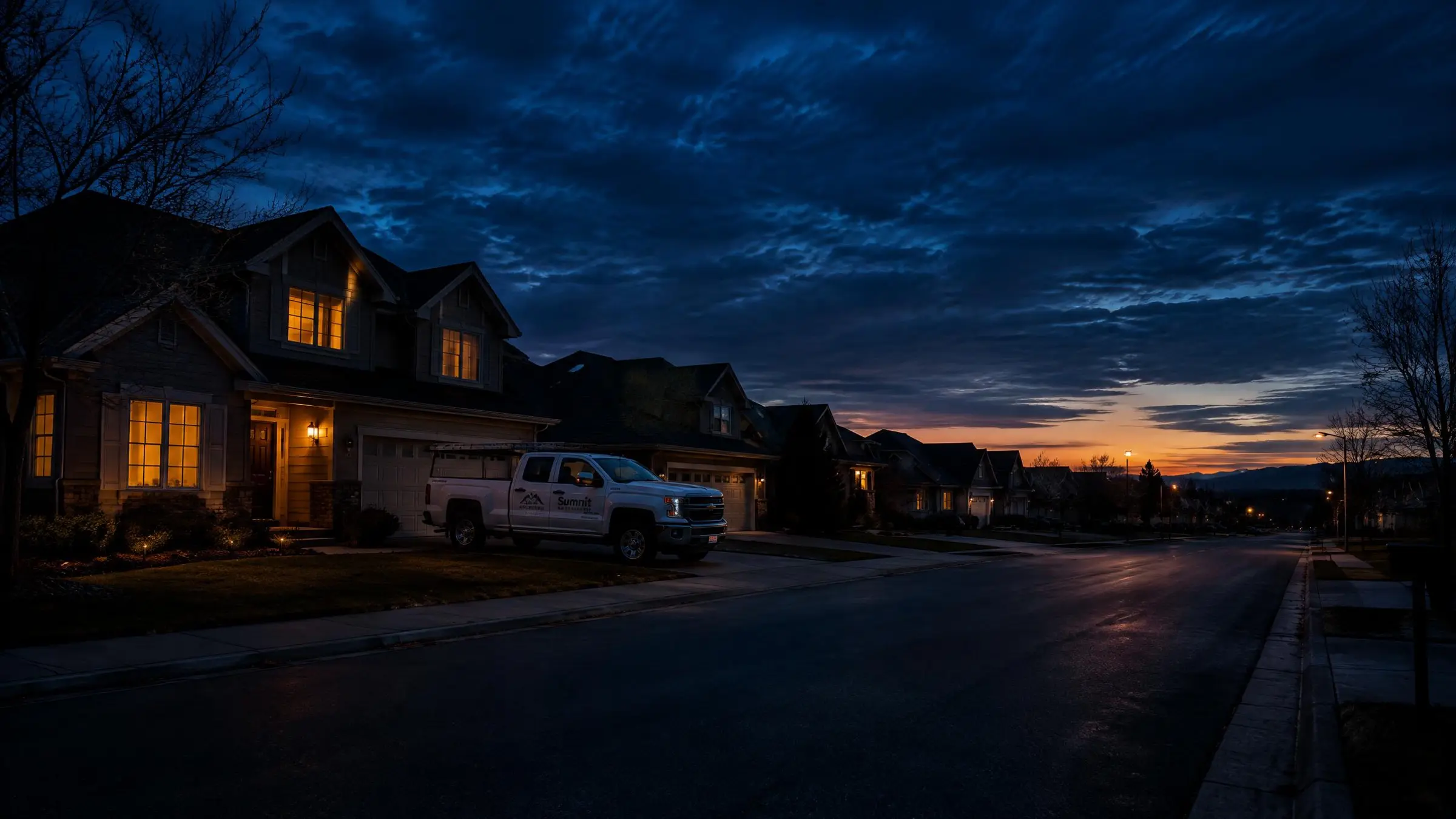 A quiet suburban street at dusk with houses and a work truck parked.