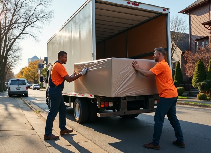 Professional movers carefully loading furniture