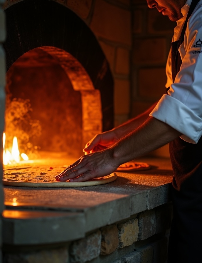 Chef Redi preparing live Italian cuisine with fire and fresh dough