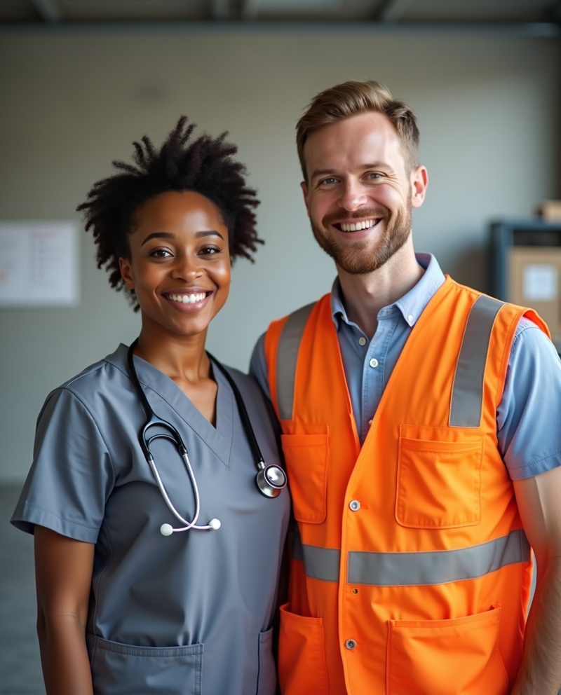 LogiCare HR Team - Hellhäutige afrikanische Pflegefachkraft und weißer deutscher Lagerarbeiter