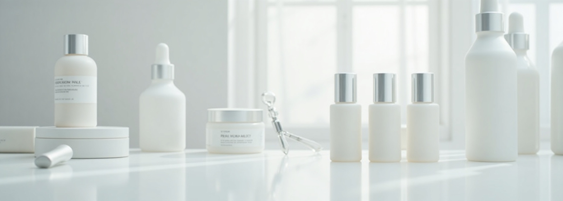 Sophisticated Korean beauty laboratory workspace with premium skincare formulations and analytical instruments