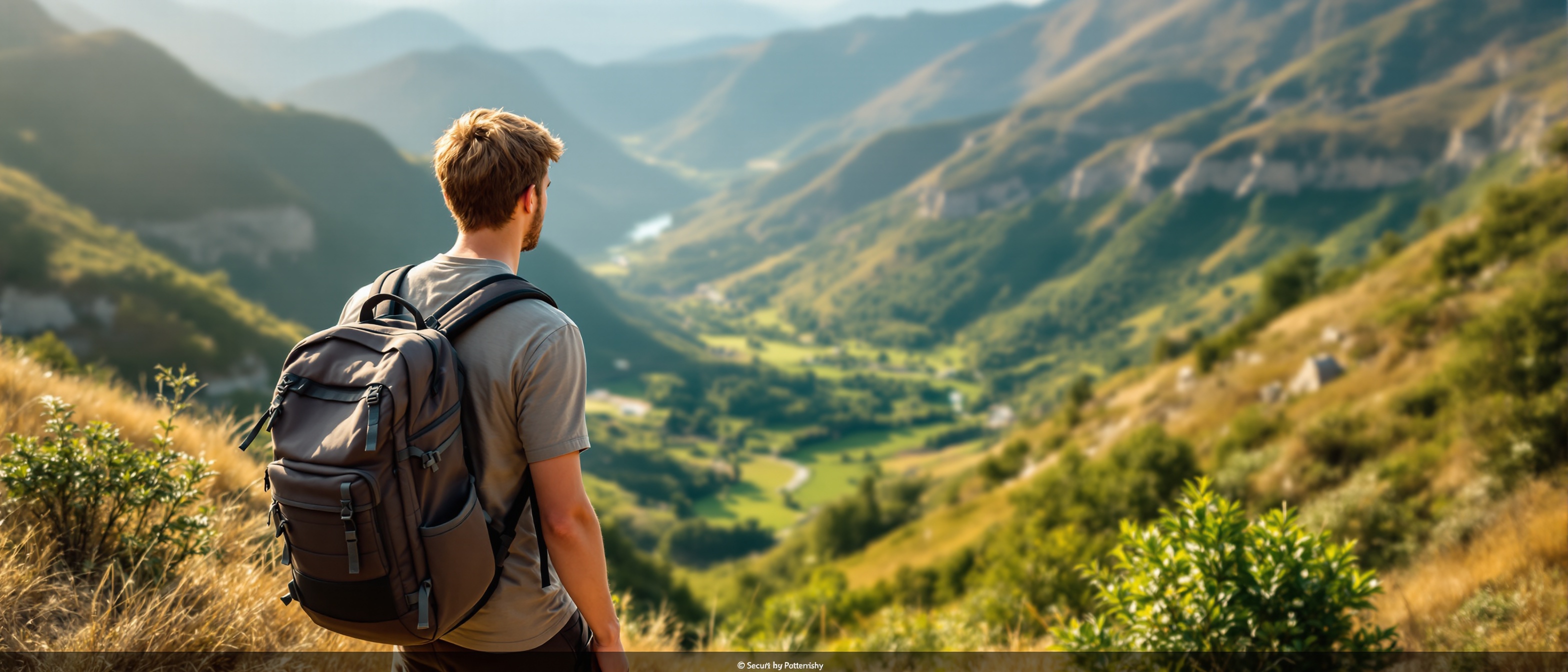 Man with backpack on scenic trail representing the journey of mental health wellness in California