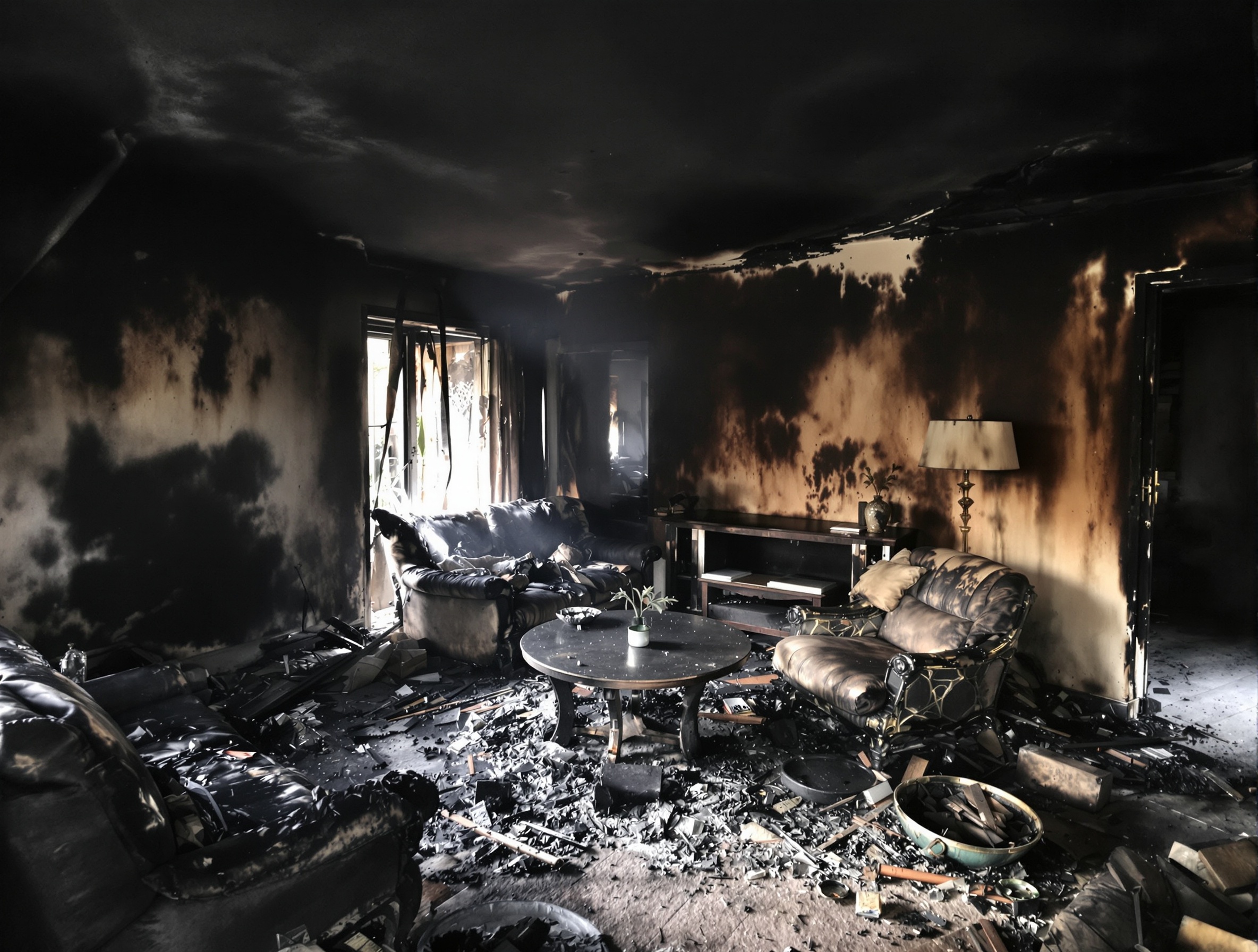 Salón con hollín y daños por incendio eléctrico