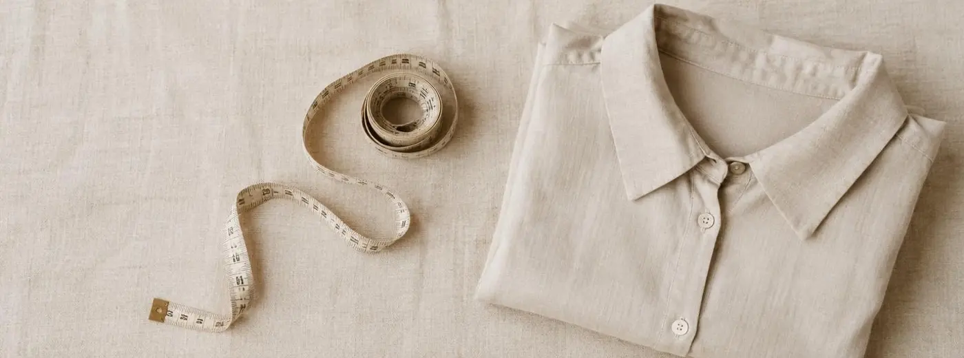 Cinta métrica de tela junto a una camisa doblada sobre una superficie clara