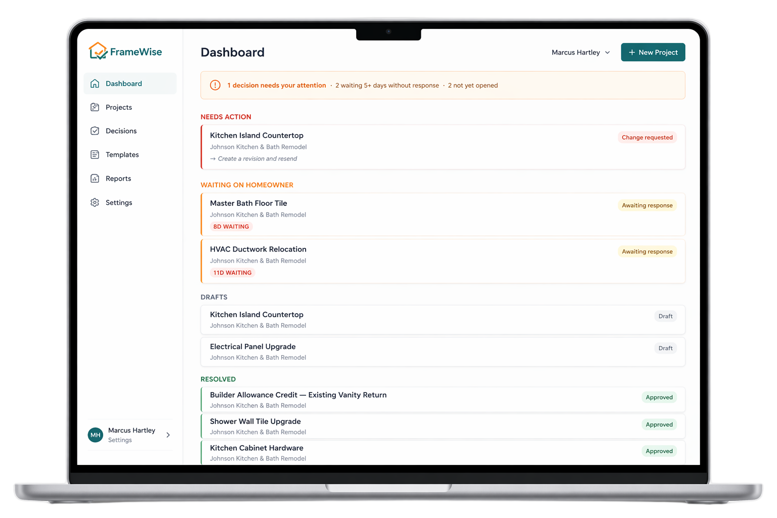 FrameWise app interface showing homeowner decision tracking