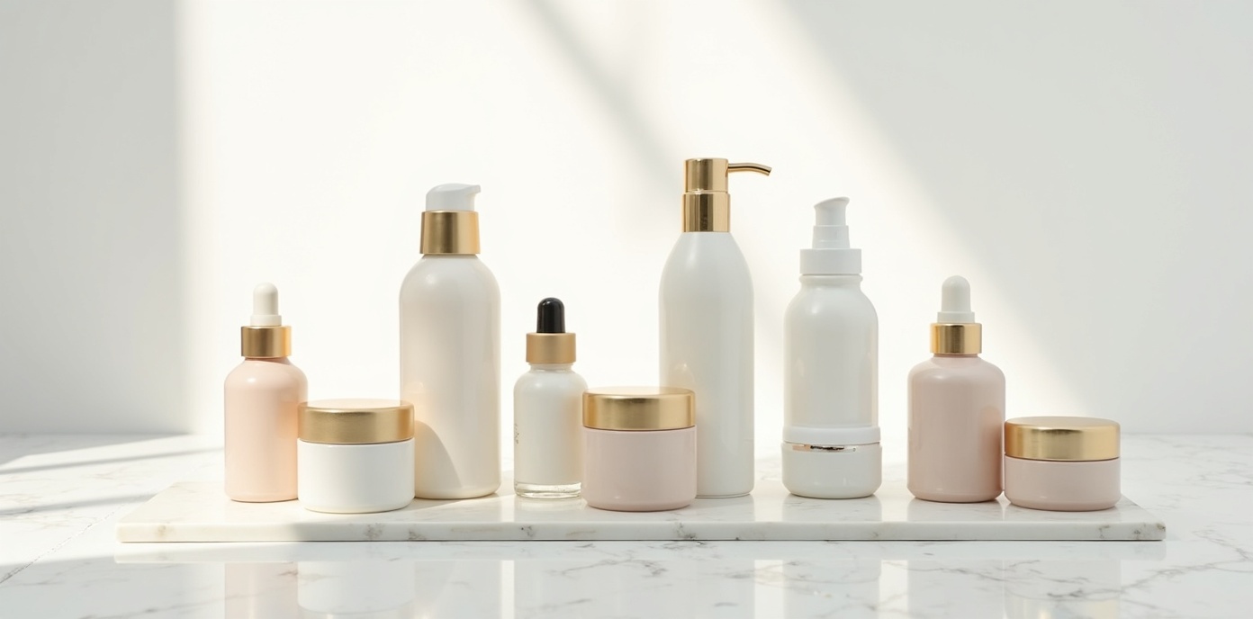 Premium Korean skincare product collection with serums creams sunscreen cleansers and sheet masks arranged on white marble surface