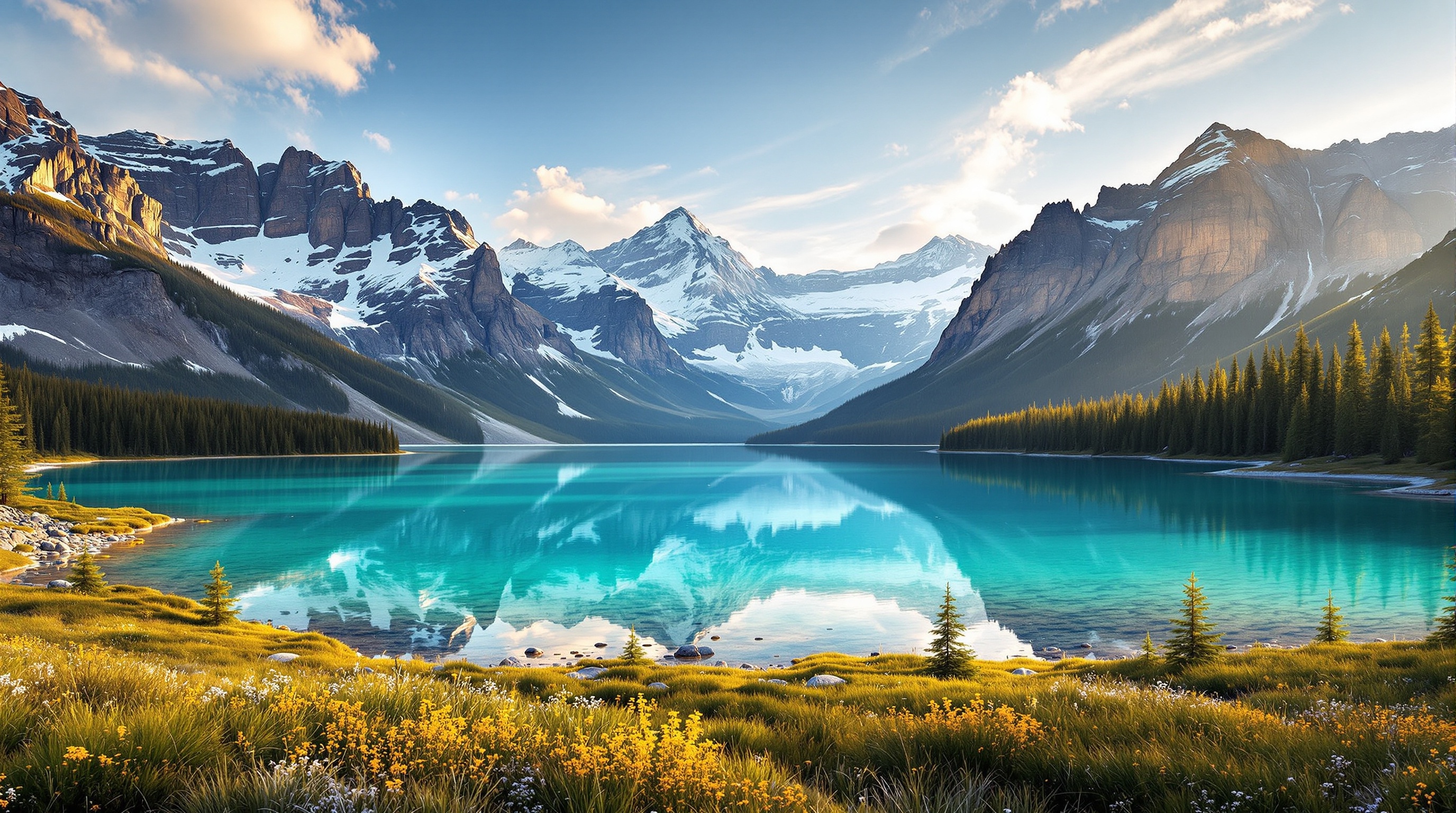Glacier National Park Montana with turquoise alpine lake and snow capped peaks