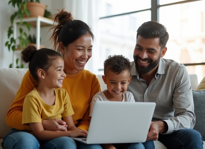 Familia feliz organizando sus finanzas