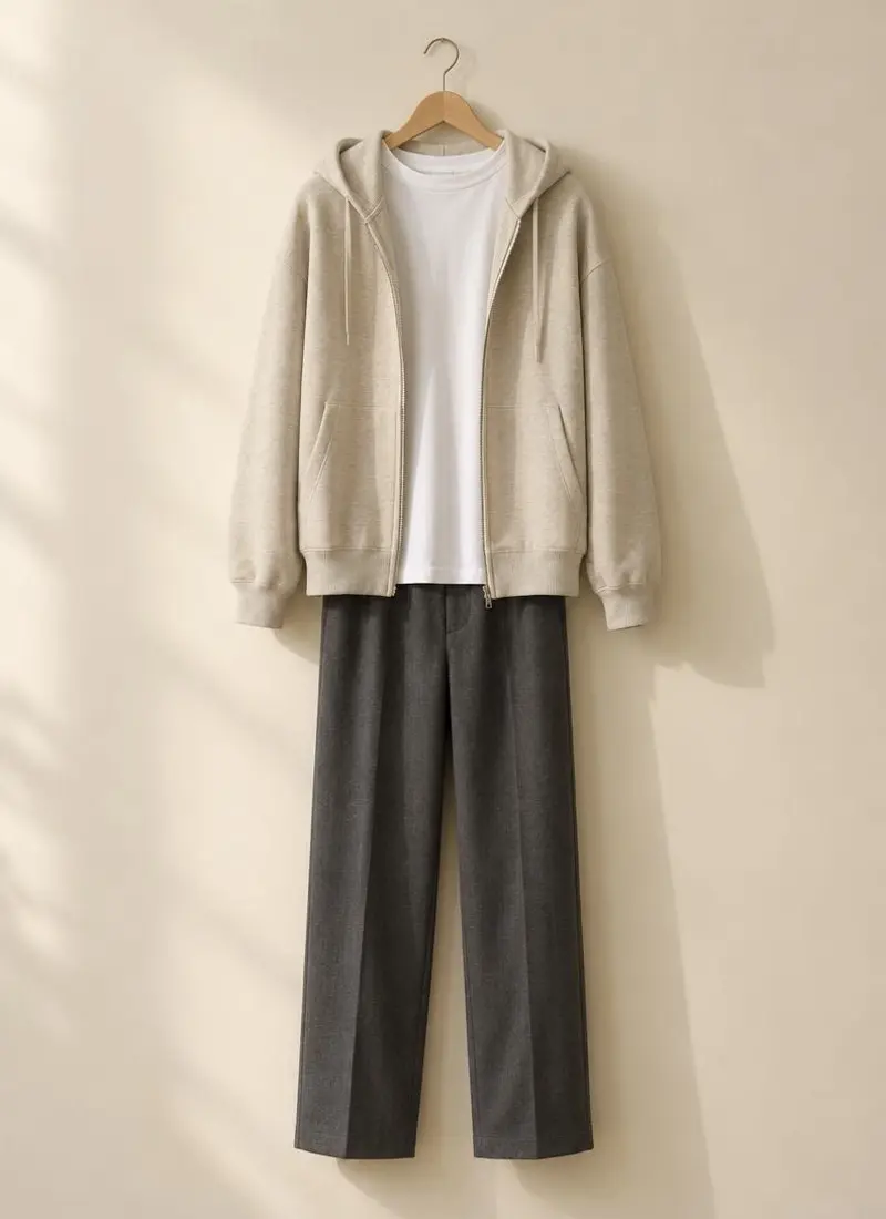 An oatmeal-coloured plain zip-up hoodie hanging open over a white T-shirt, with charcoal straight trousers below, photographed flat against a warm white wall.