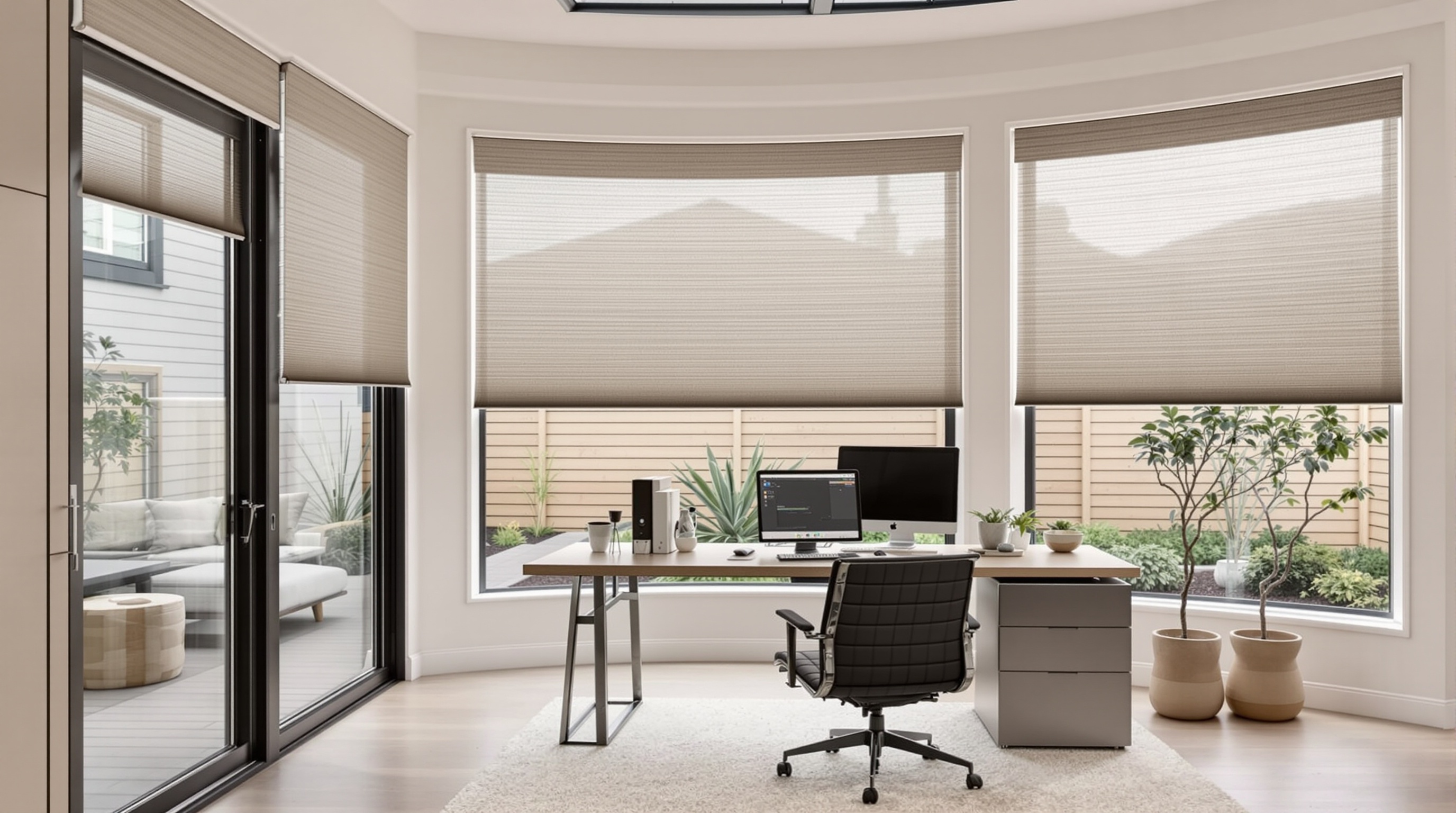 Smart motorized blinds in modern backyard office