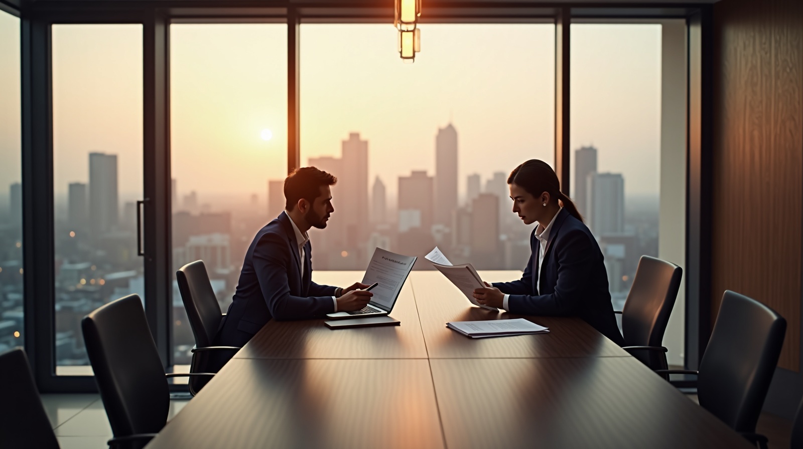 Business professionals reviewing loan documents