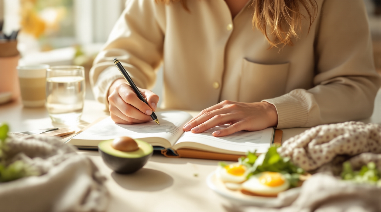 Person tracking a low-carb food journal in a bright kitchen beside avocado, eggs and spinach while starting the keto diet