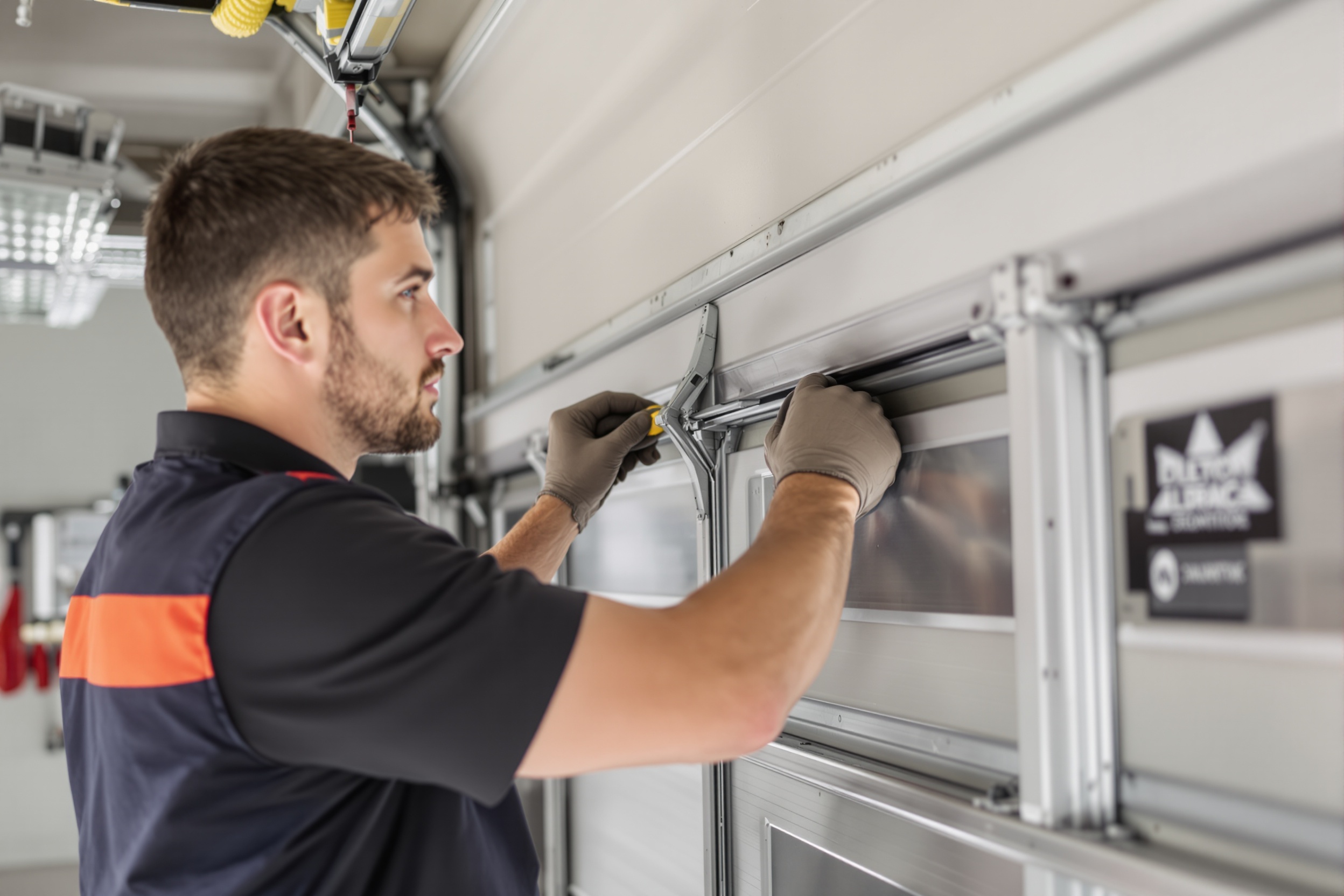 Technician repairing garage door spring in Houston