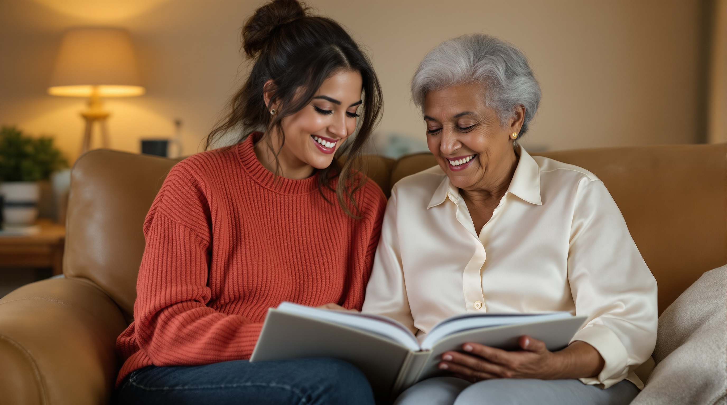 Latina woman in coral red sweater and elderly Latina grandmother looking at a photo album together in a warm living room