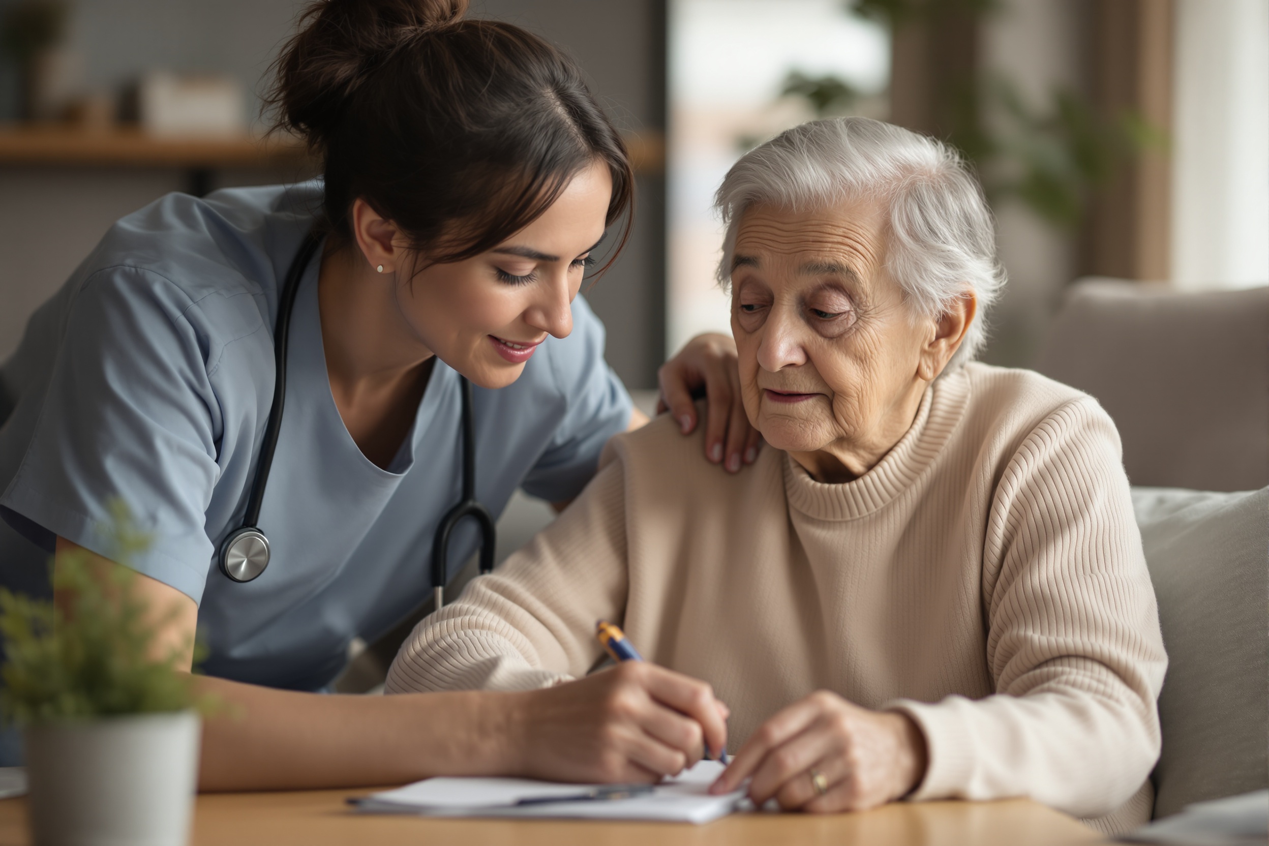 Caregiver monitoring elderly parent for warning signs