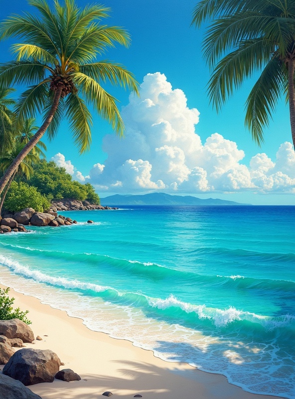 Caribbean beach painting - turquoise ocean with white sand and palm trees