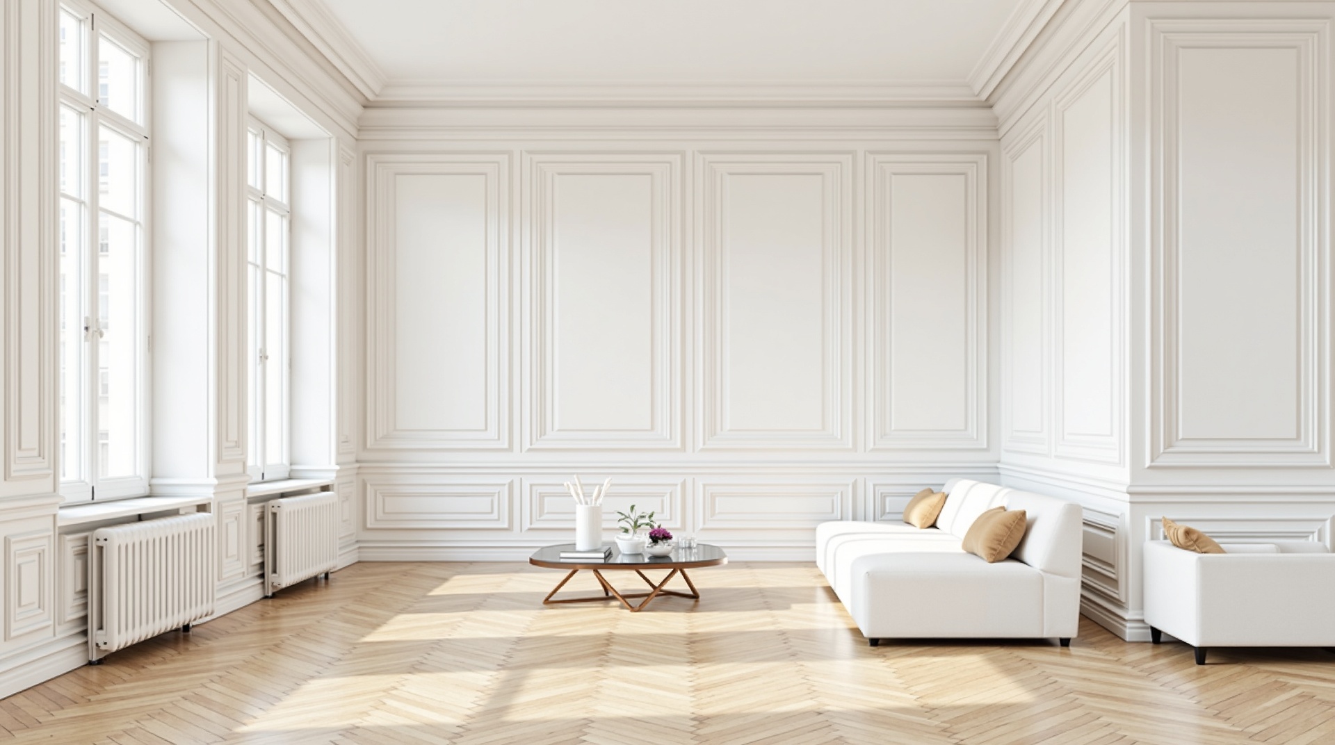 Appartement haussmannien de luxe à Paris avec moulures blanches élégantes, parquet en chêne point de Hongrie, grandes fenêtres françaises et lumière naturelle - Conciergerie Airbnb premium Green House Île-de-France