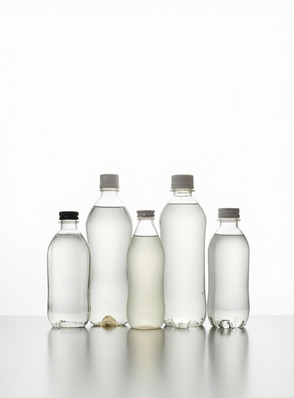Clear PET beverage bottles in various sizes on white background