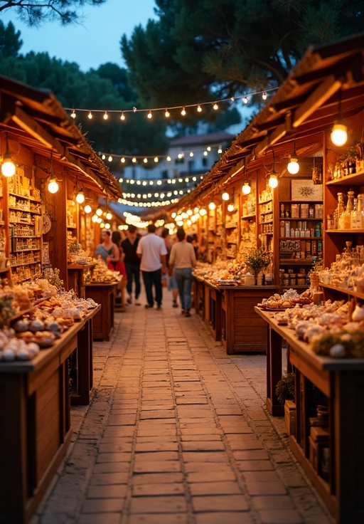 Mercado nocturno de verano con puestos artesanales iluminados