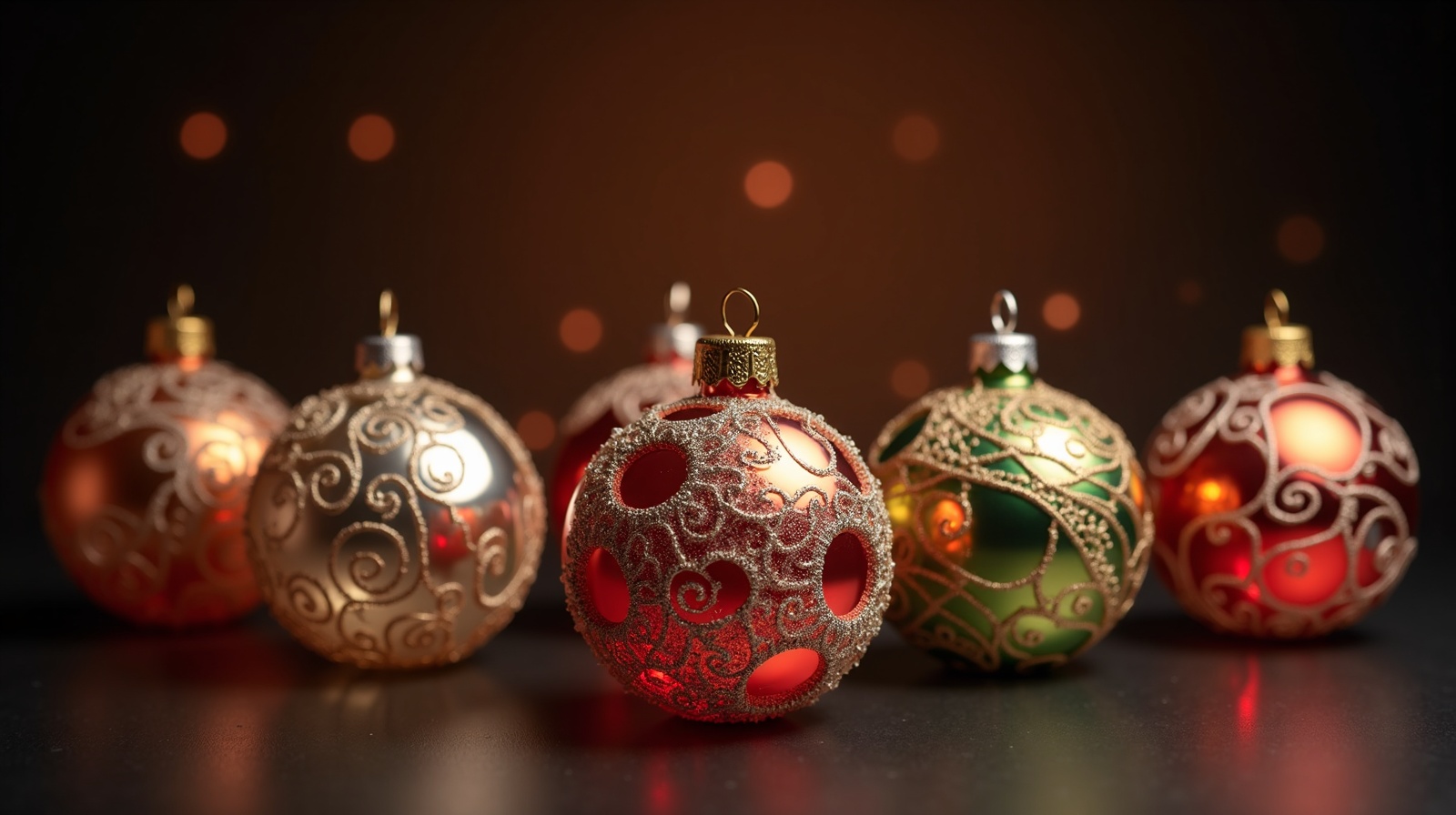 Custom glass ornament collection of hand-crafted baubles with artwork and gold trim on a warm dark surface