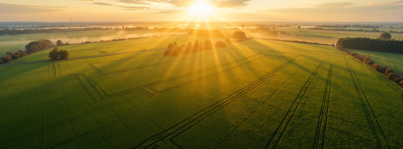 Aerial view of productive farmland at sunrise
