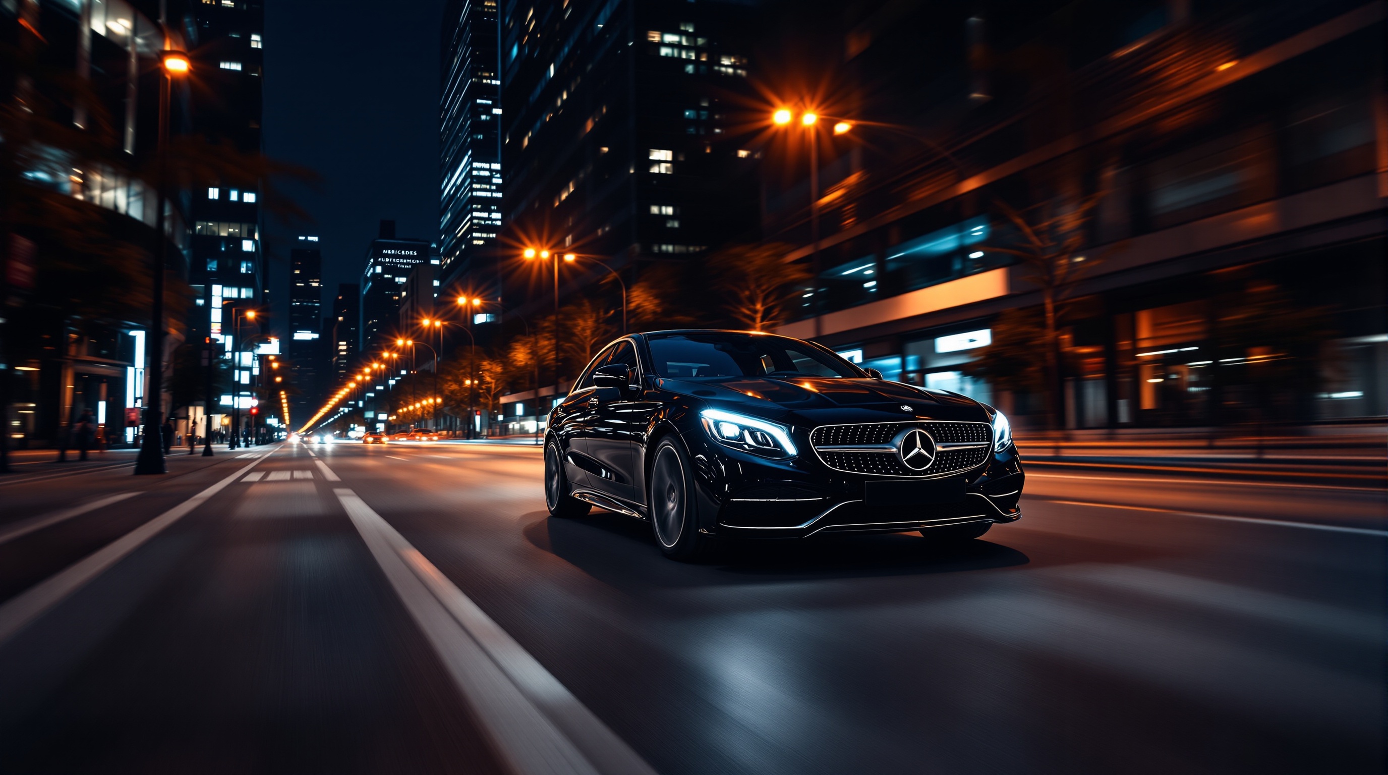 Luxury sedan on elegant city street at twilight