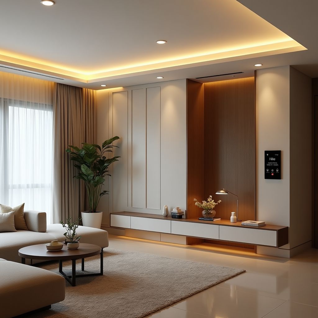 Hampshire Smart Home living room with Control4, Rako lighting, Silent Gliss blinds and John Cullen lighting