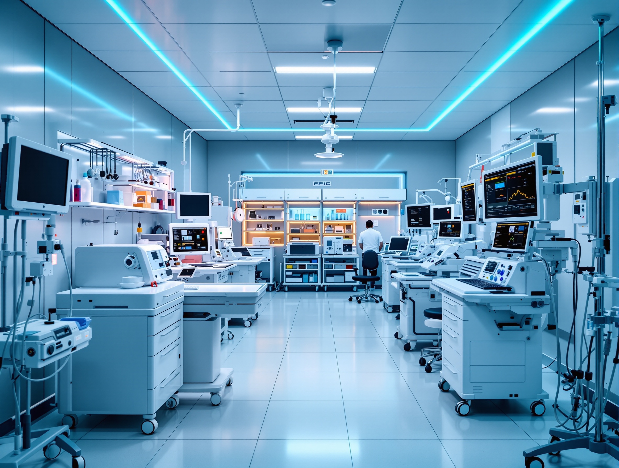 Hospital medical equipment room with RFID-tagged devices showing 99.8% asset accuracy achieved through CPCON fixed asset management