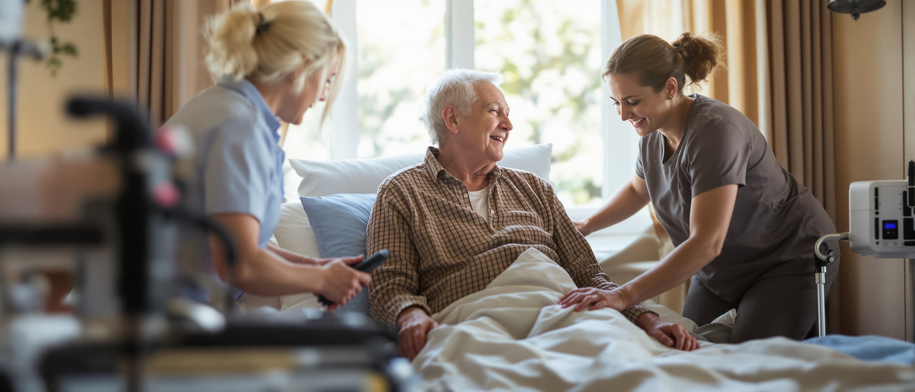 Senior recovering at home after hospitalization with caregiver support