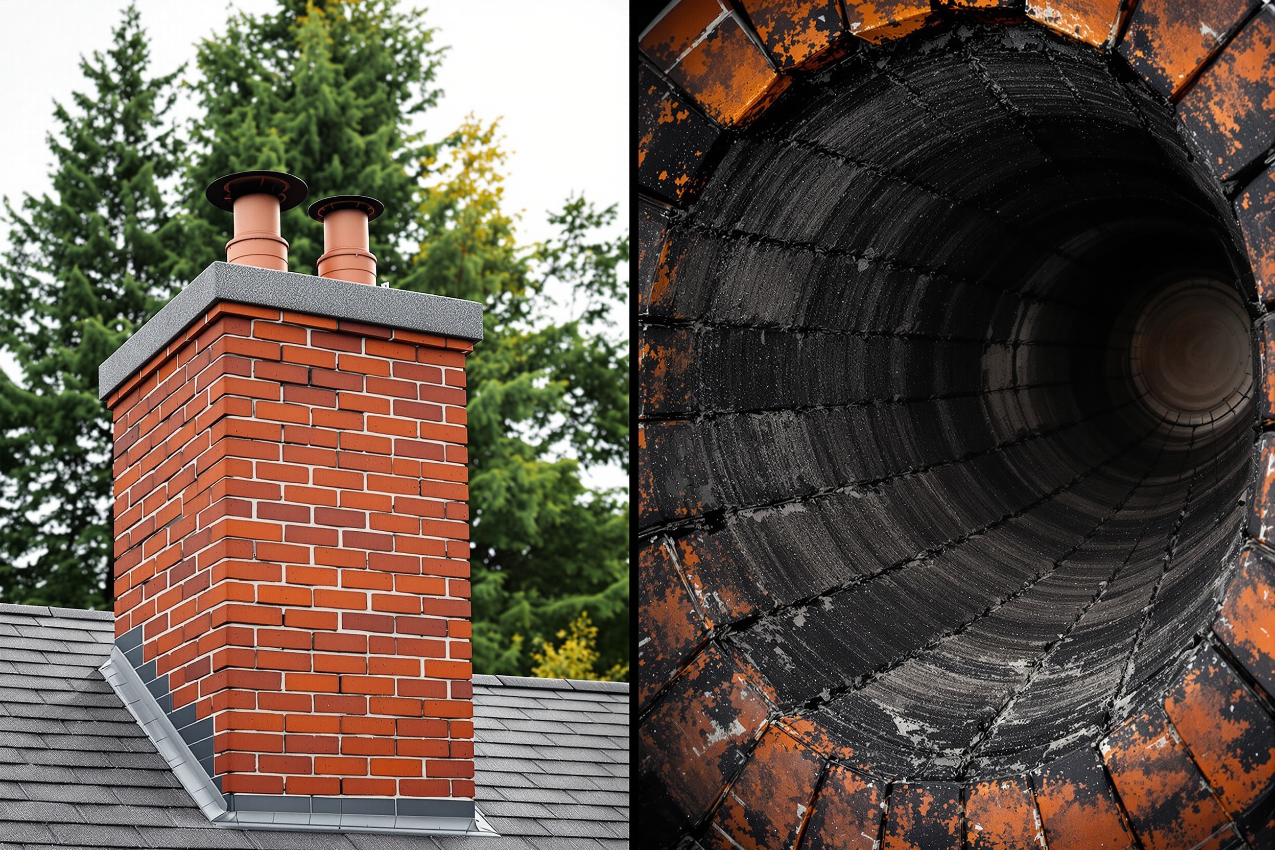 Outside view of a chimney versus dangerous creosote buildup inside the flue