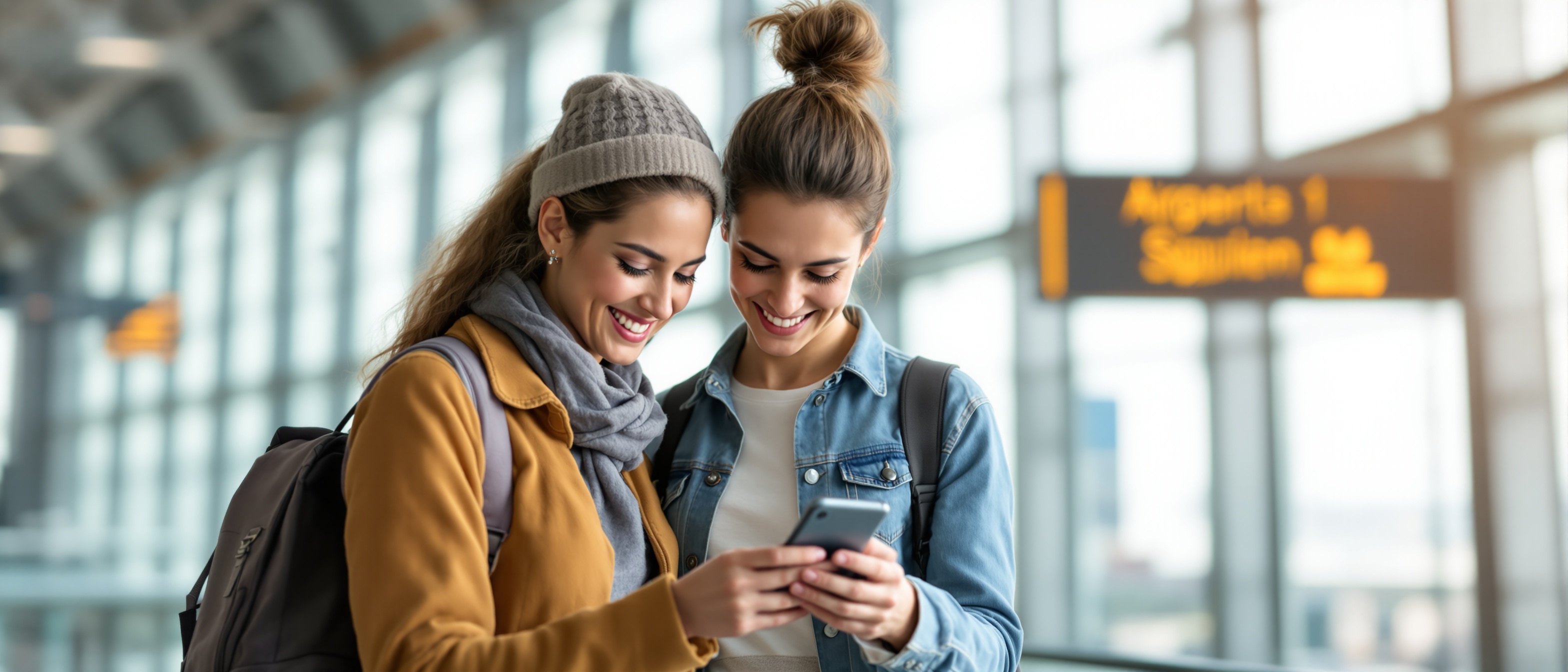 Parent and daughter using eSIM at airport