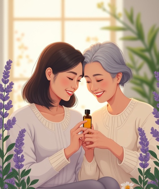 アロマケアイラスト - 明るい室内で50代の娘と80代の母親が寄り添い、一緒に精油の瓶を見て温かく微笑む、ラベンダーの花が飾られた優しい写真風イラスト