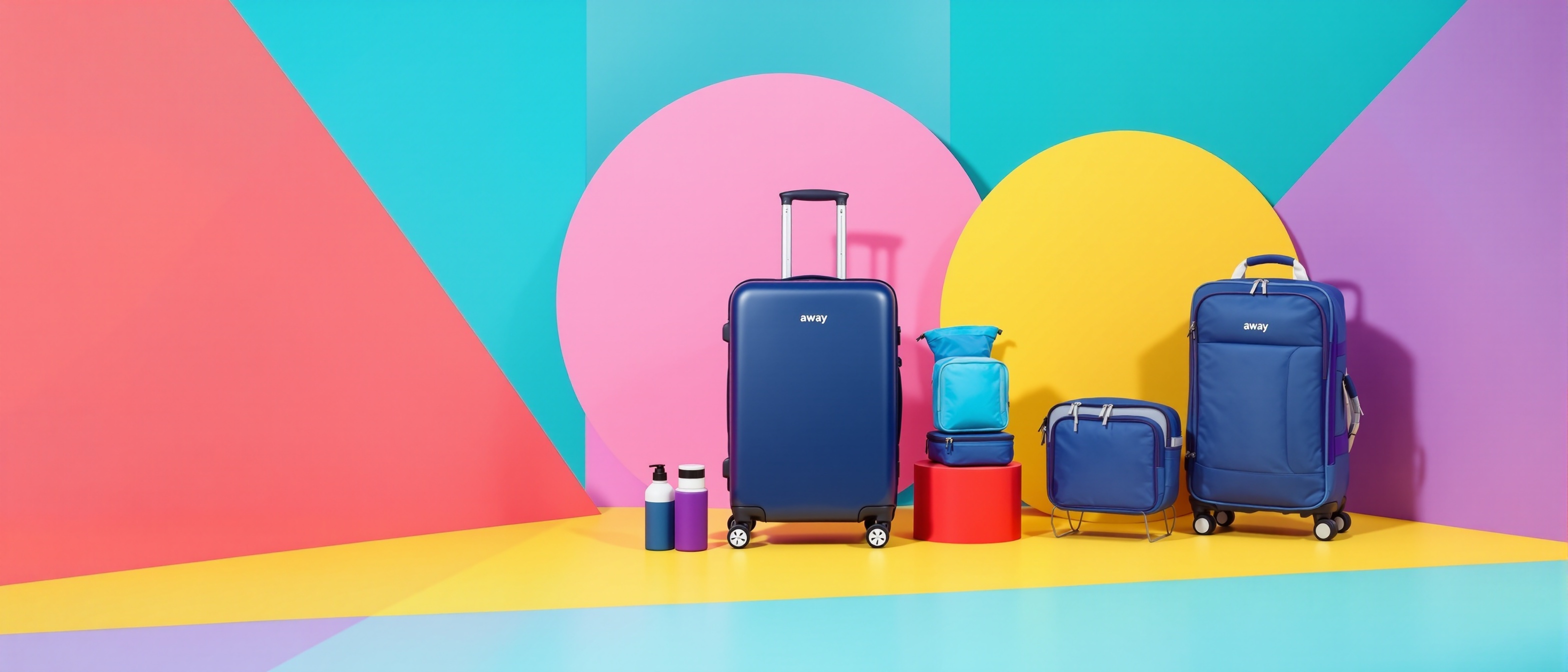 Eagle Creek Compression Packing Cubes with travel accessories on colorful background