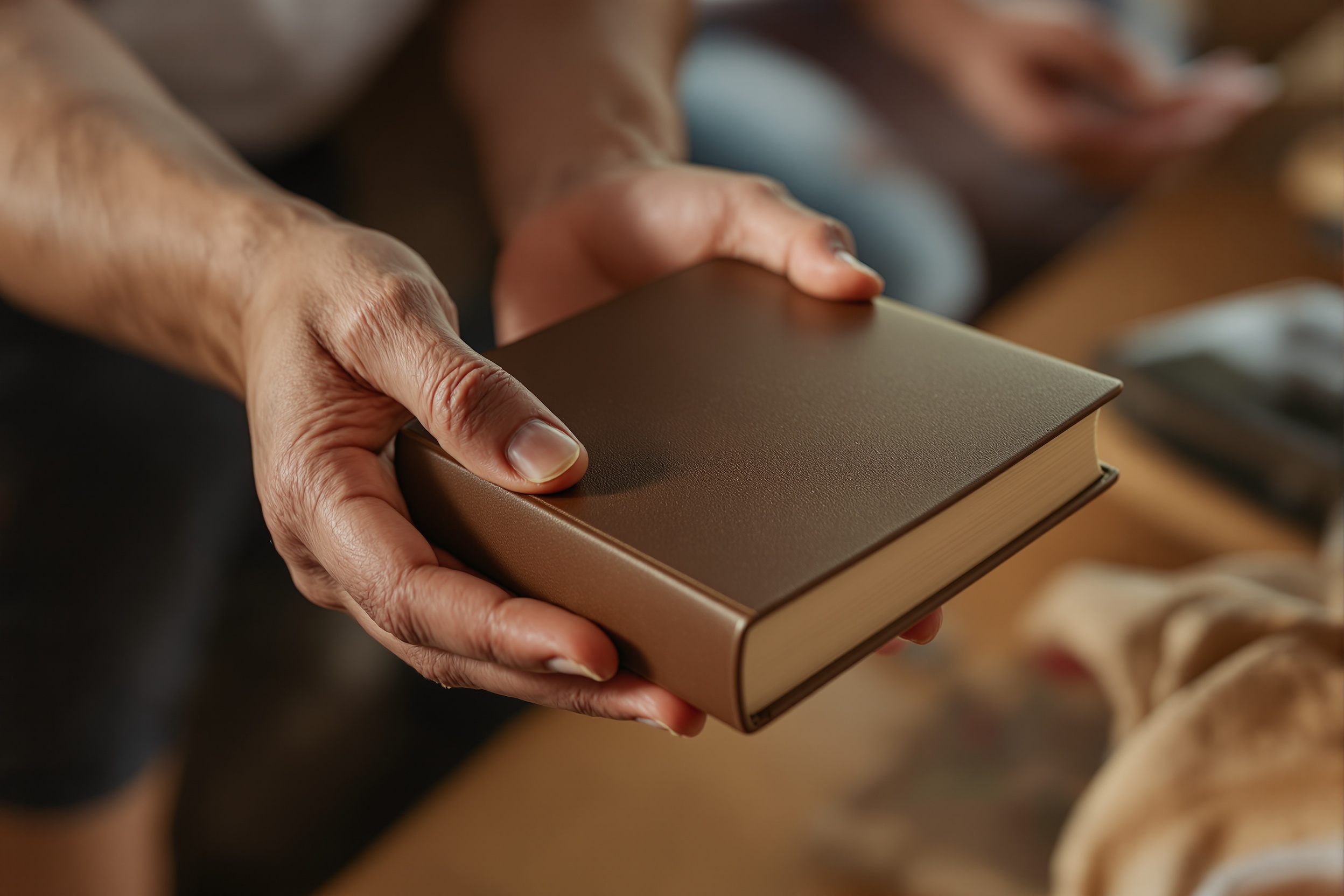 Hands giving a Bible in community outreach