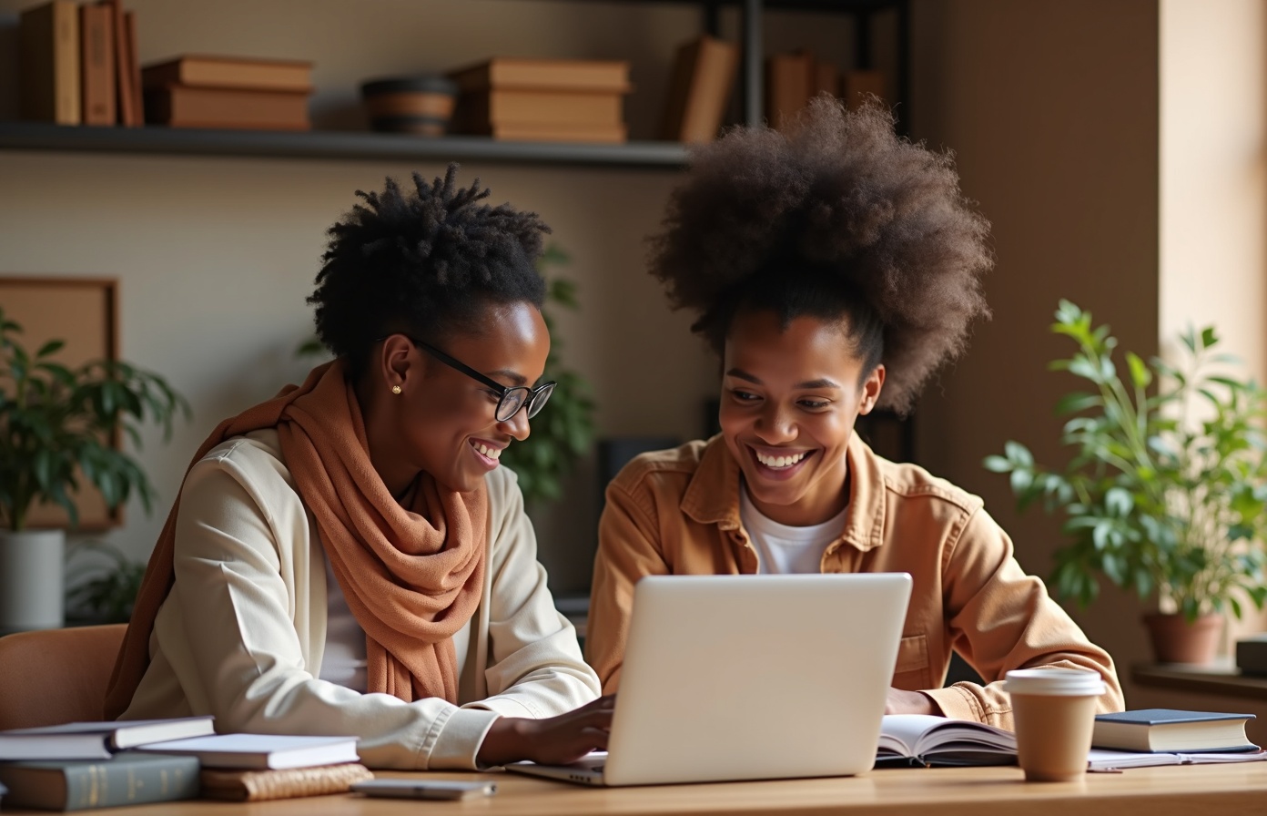 Diverse tutor and student studying together