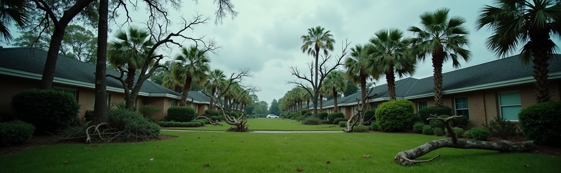 Hurricane storm cleanup in Florida — fallen debris and storm damage on residential property