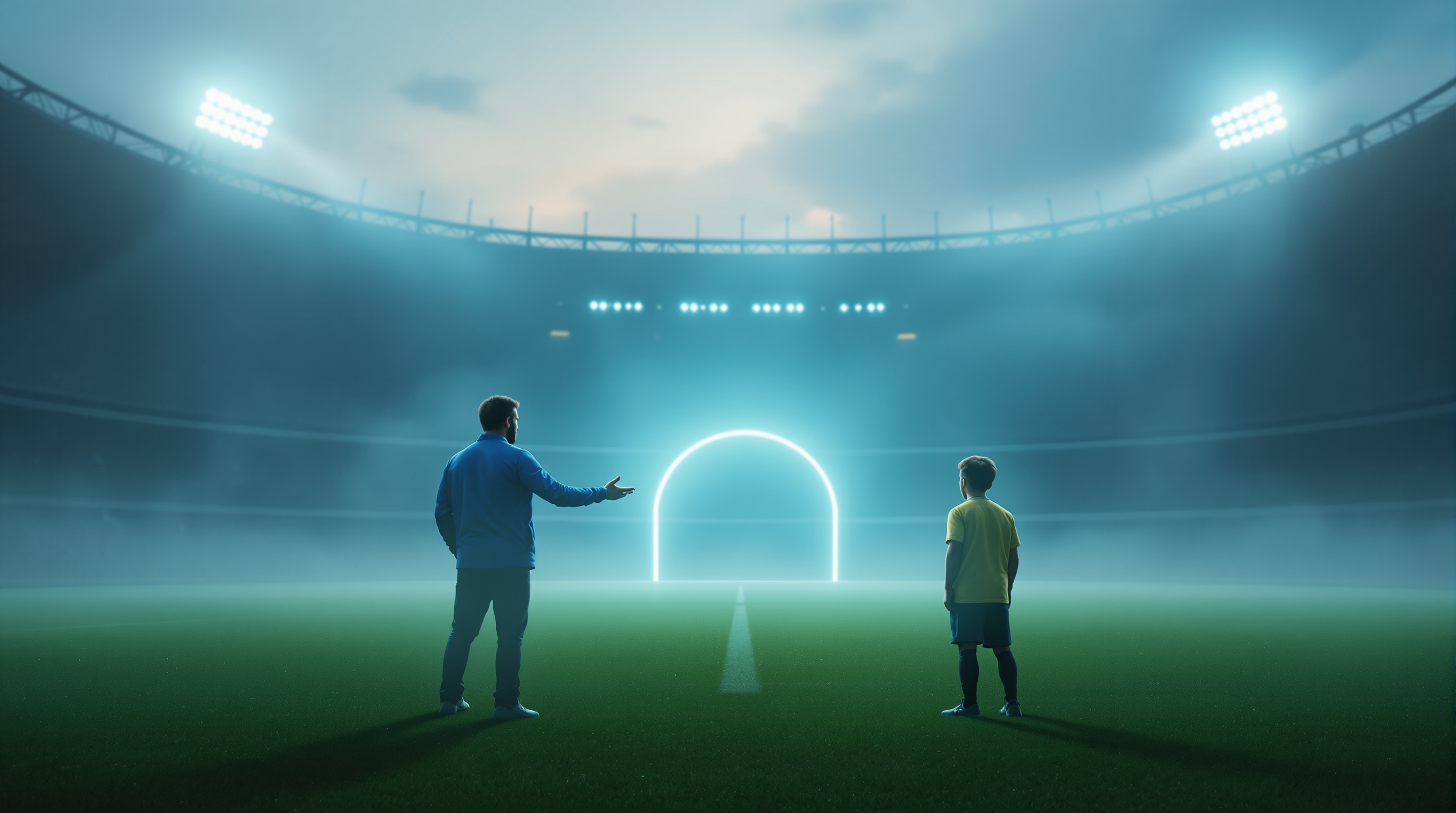 霧がかった夜明けの緑のピッチに立つ、ビジョナリーなサッカーコーチと情熱的な若きアスリート。コーチは広く開けた地平線に向かって穏やかに手を差し伸べ、朝空に映るかすかに輝くホログラフィックのスタジアムアーチが未来への道標を象徴。若きアスリートは絶対的な集中力と深い精神的レジリエンス、そして信頼に満ちた眼差しで見つめている。鋭いスタジアムスポットライトが濃い霧を切り裂き、深い影との高いコントラストを生み出す。不完全な人間の可能性をオープンなエコシステムによって解き放つ本質を捉えた一枚。