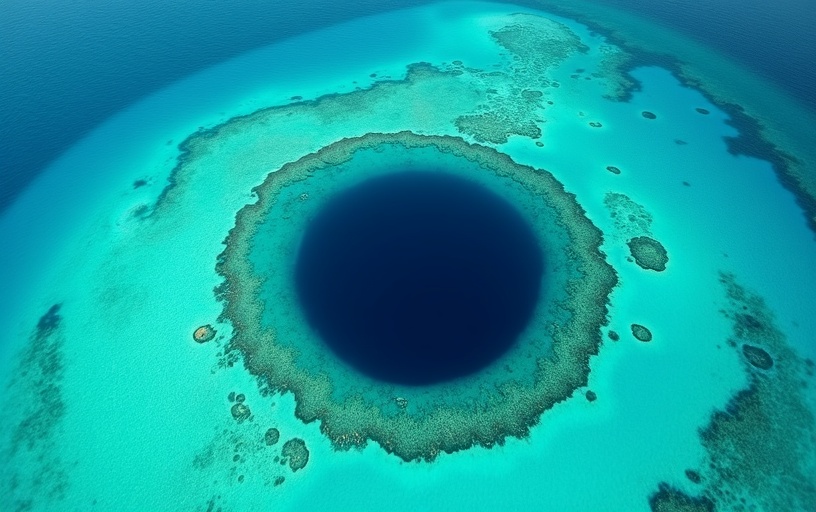 Aerial view of the Great Blue Hole showing its perfect circular formation