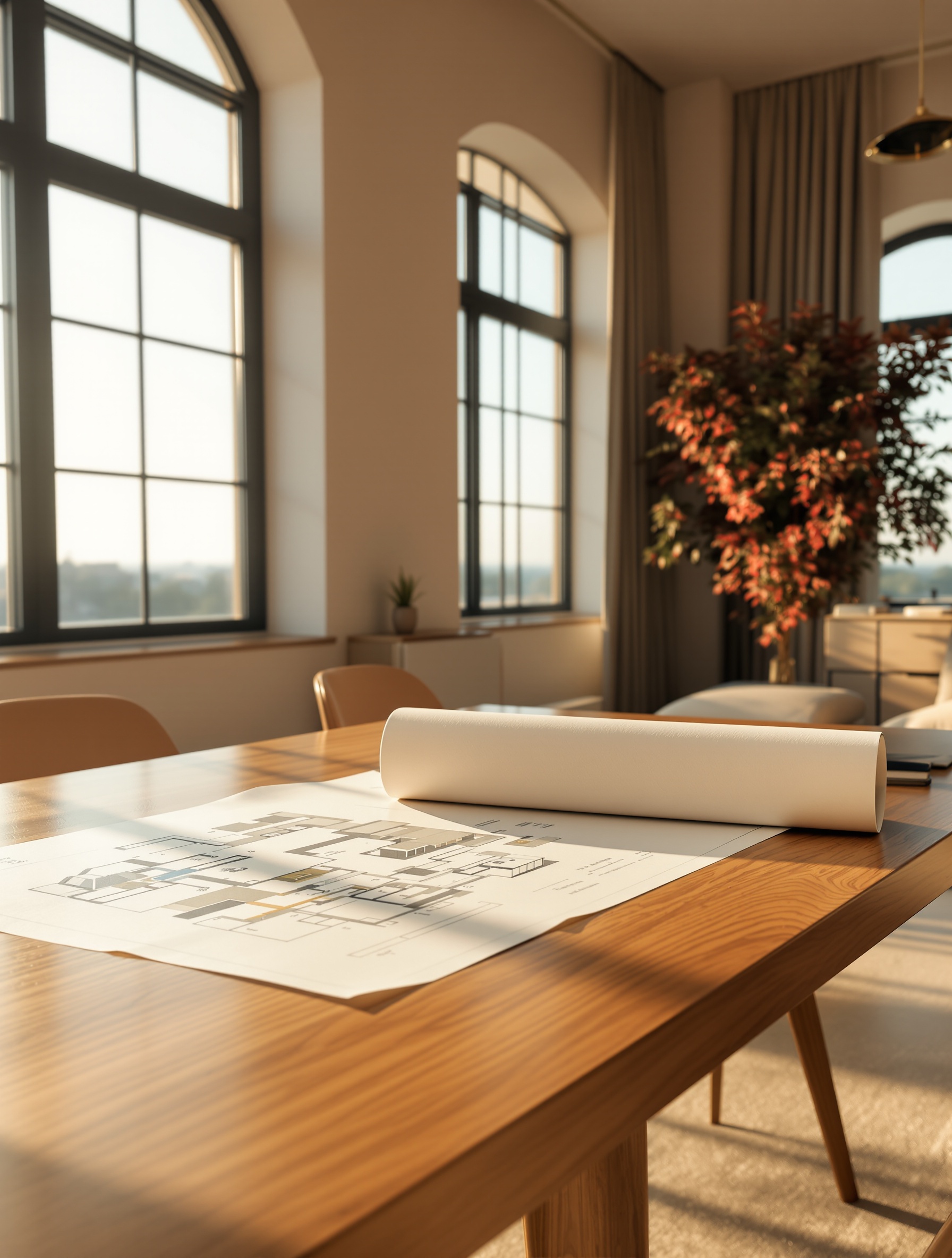 Elegant property consultation setting with architectural plans and natural light