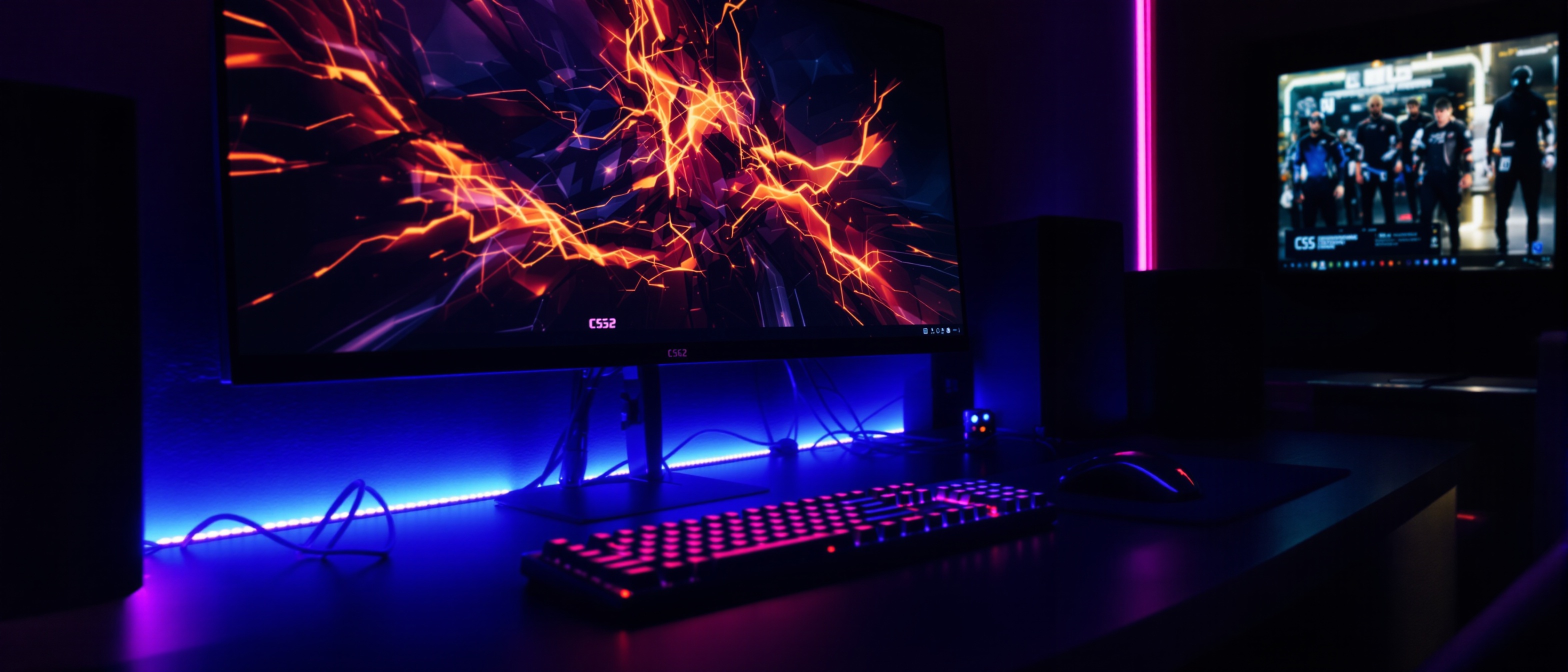 Professional gaming streamer workspace with neon lights and multiple monitors