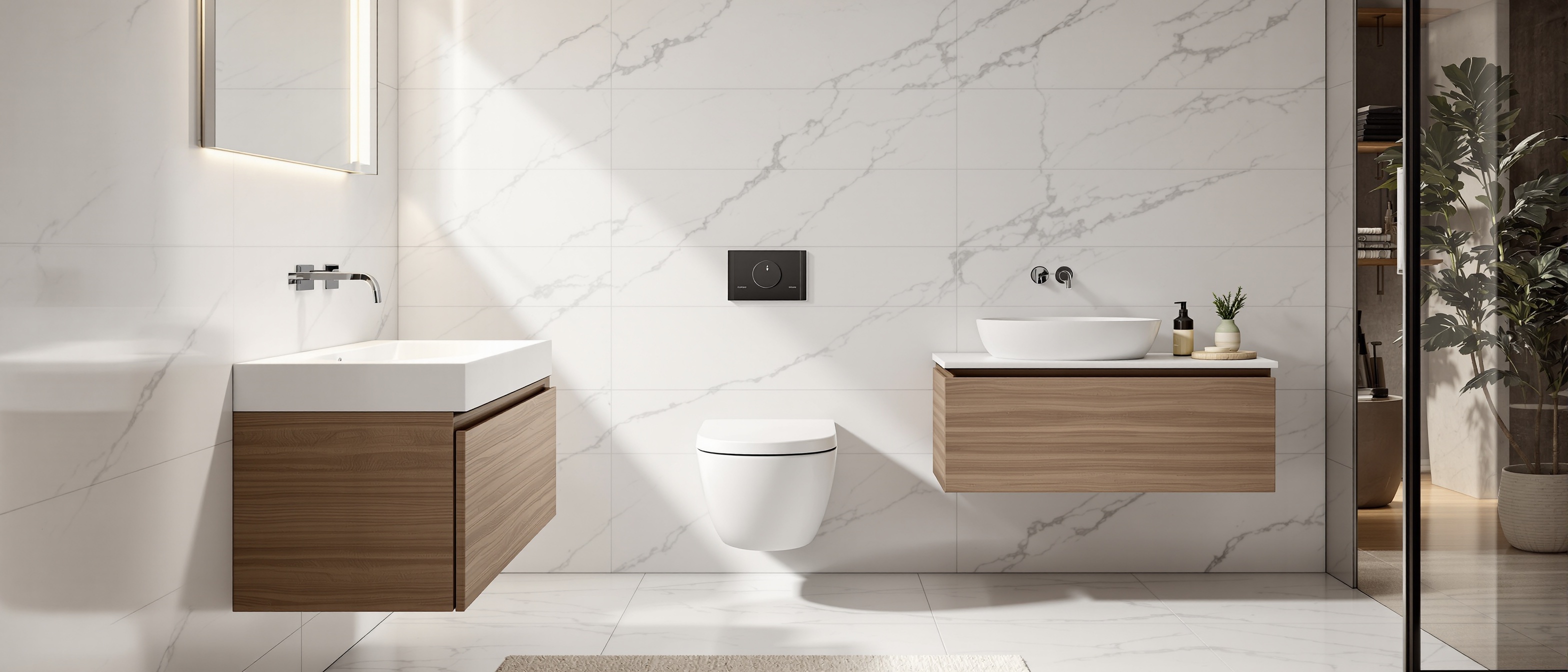 Wall-hung WC against marble wall