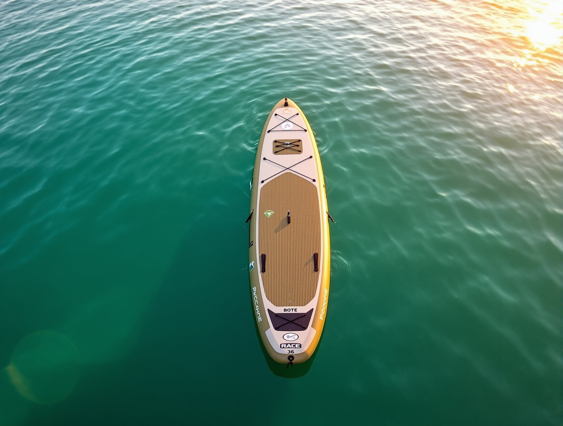 BOTE Rackham Aero 12 foot 4 inch inflatable fishing SUP overhead view on calm water